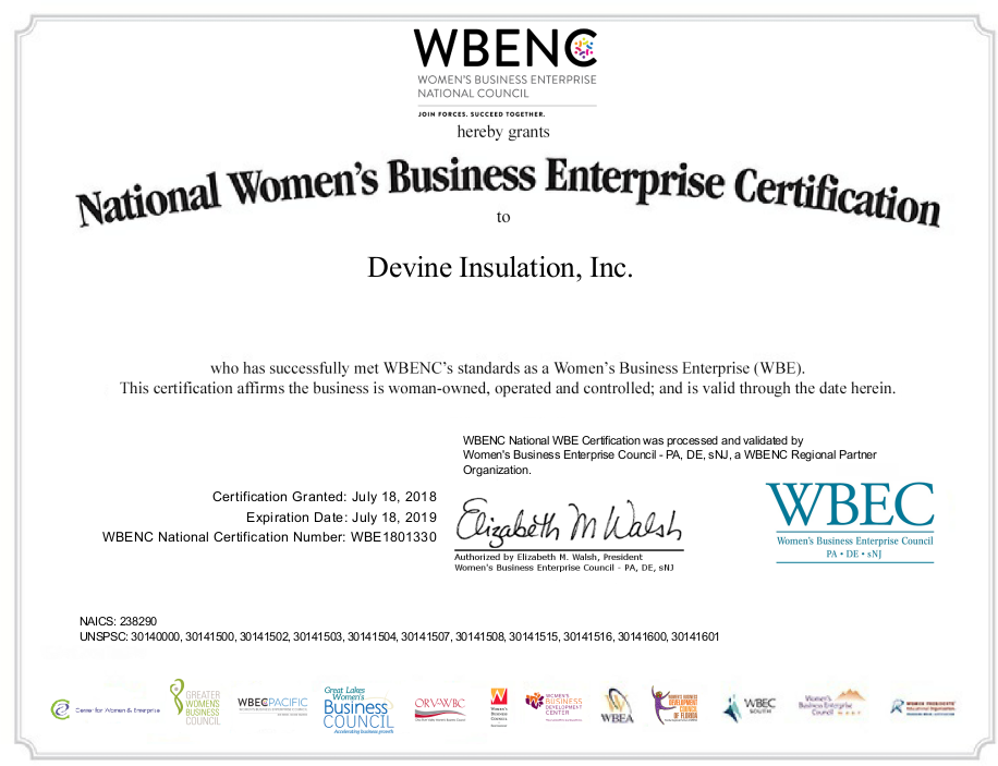 Devine Insulation is WBE Certified!