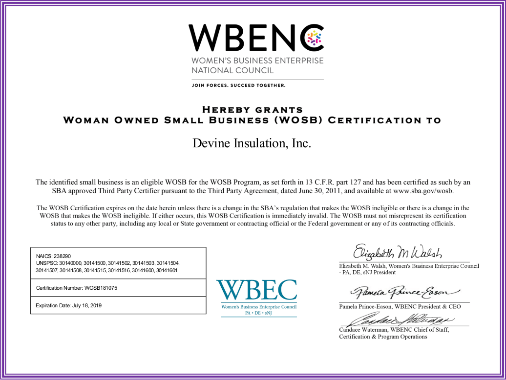Devine Insulation is WSOB Certified!